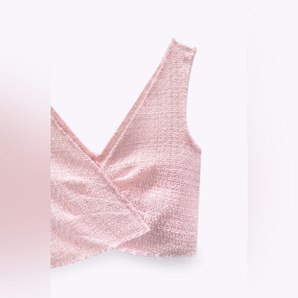 Zara Crop Top Women's Size Medium Pink Tweed V-Neck Structured Crossover NWT - Picture 3 of 12